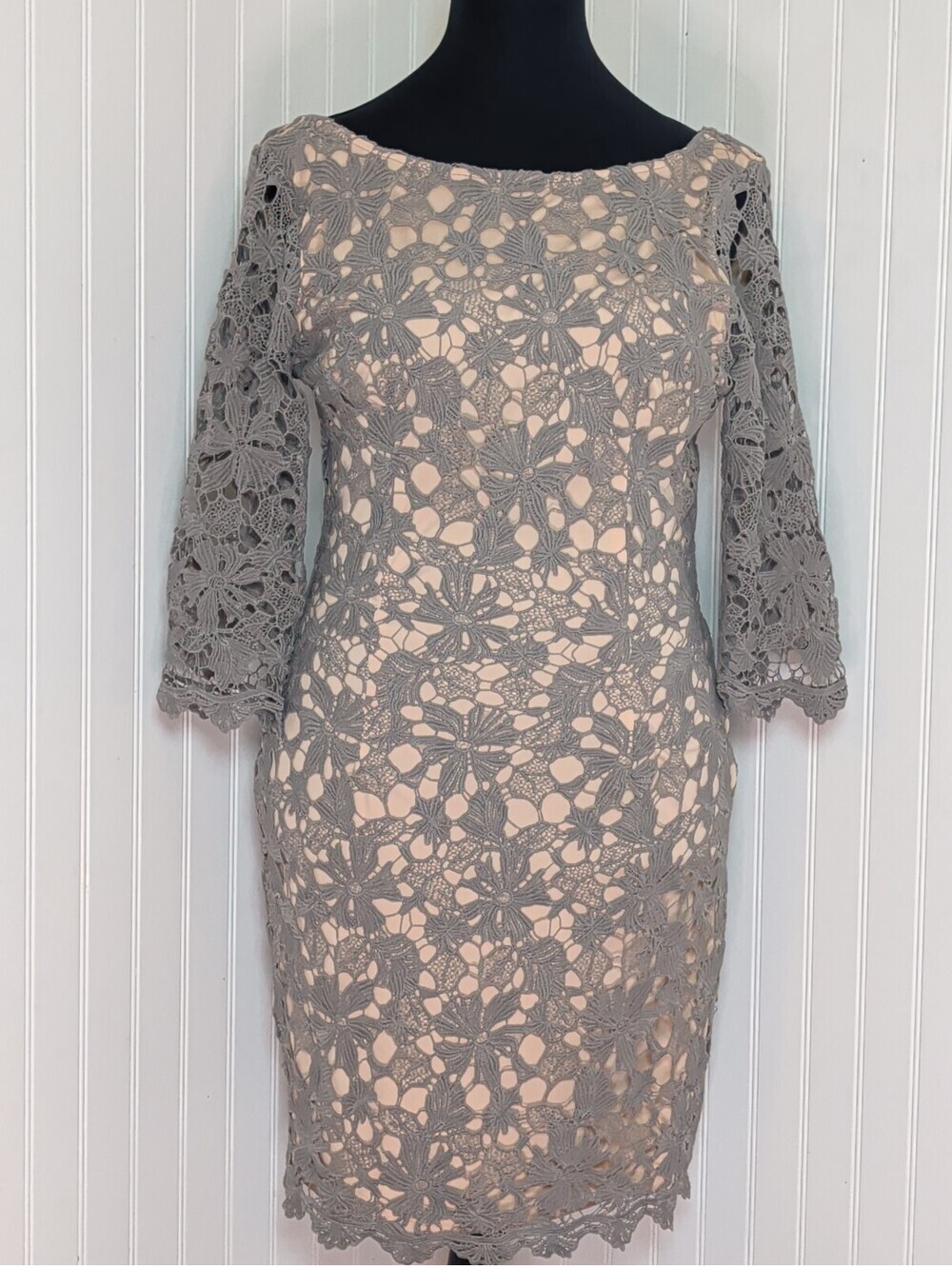 Soieblu Elegant Grey Lace Overlay Cocktail Dress Wedding Romantic Size L